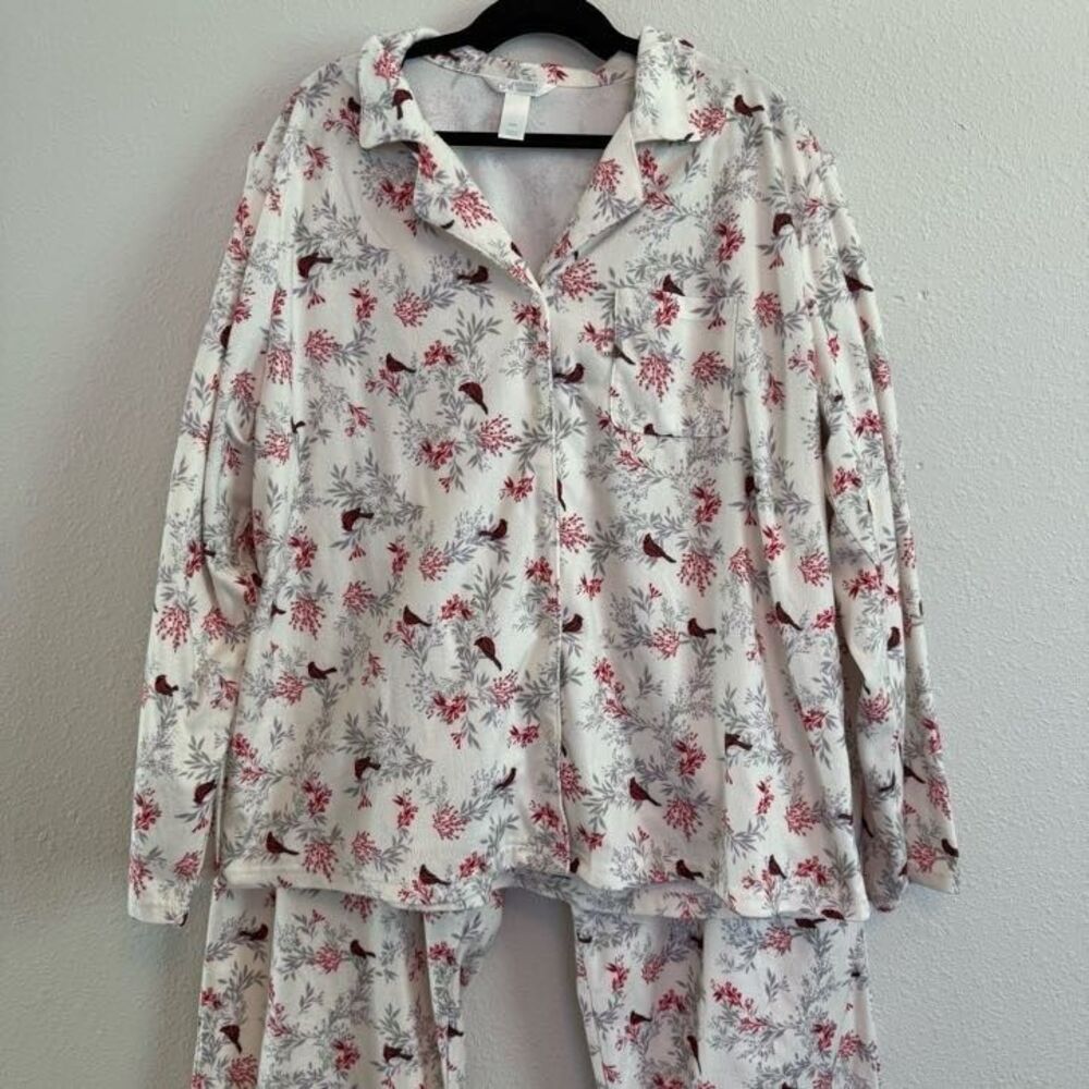 Adonna Womens Sleepwear Pajama Set XXL 2XL White Cardinal Bird Long Pants